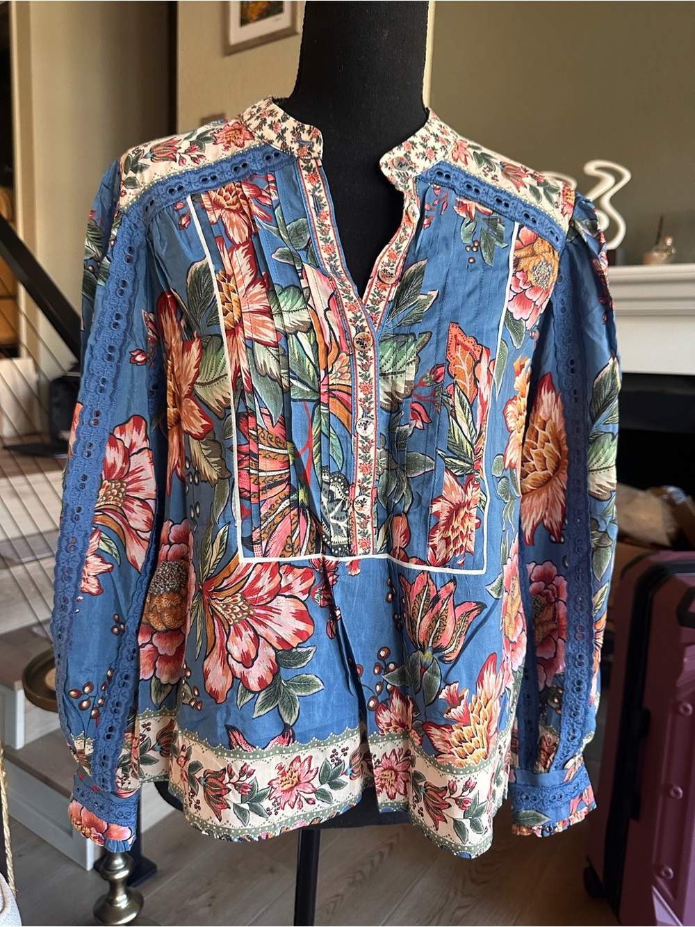 🌺 FARM Rio Wonderful Bouquet Blue Floral Long Sleeve Blouse | Size XS - Picture 4 of 16